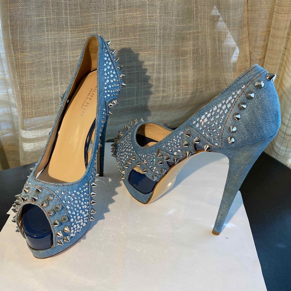 PHILLIP PLEIN DENIM BLUE HIGH HEEL PUMPS 36.5-6.5 spikes STUDS PLATFORMS clogs